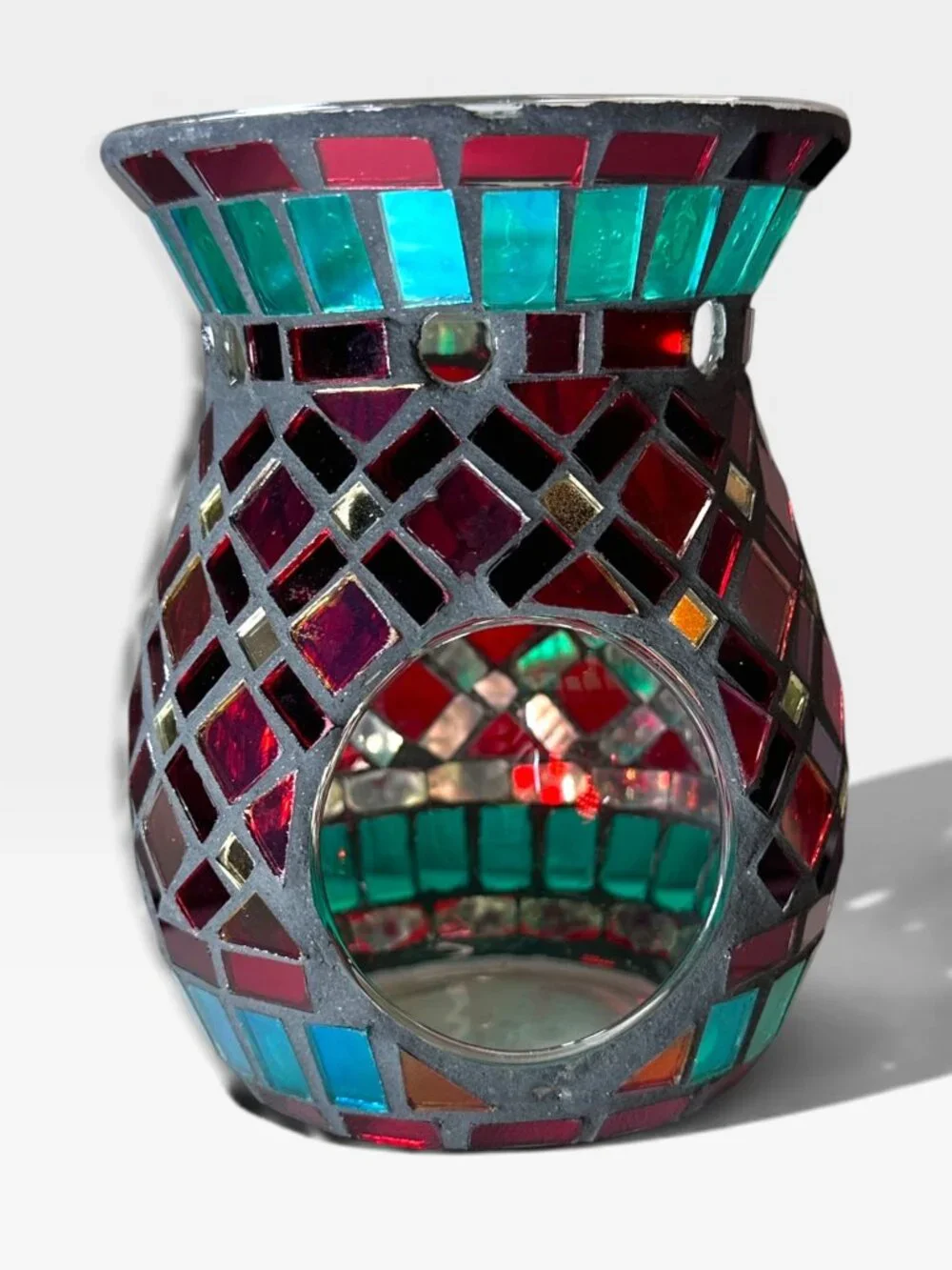 Pier 1 Mosaic Glass Tealight Candle Holder & Wax Warmer Red & Green Accents 4